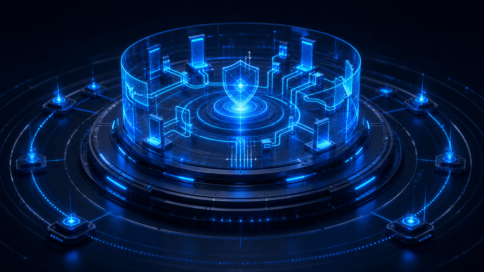 Dark blue 3D technical platform with protected automation signal paths and checkpoints