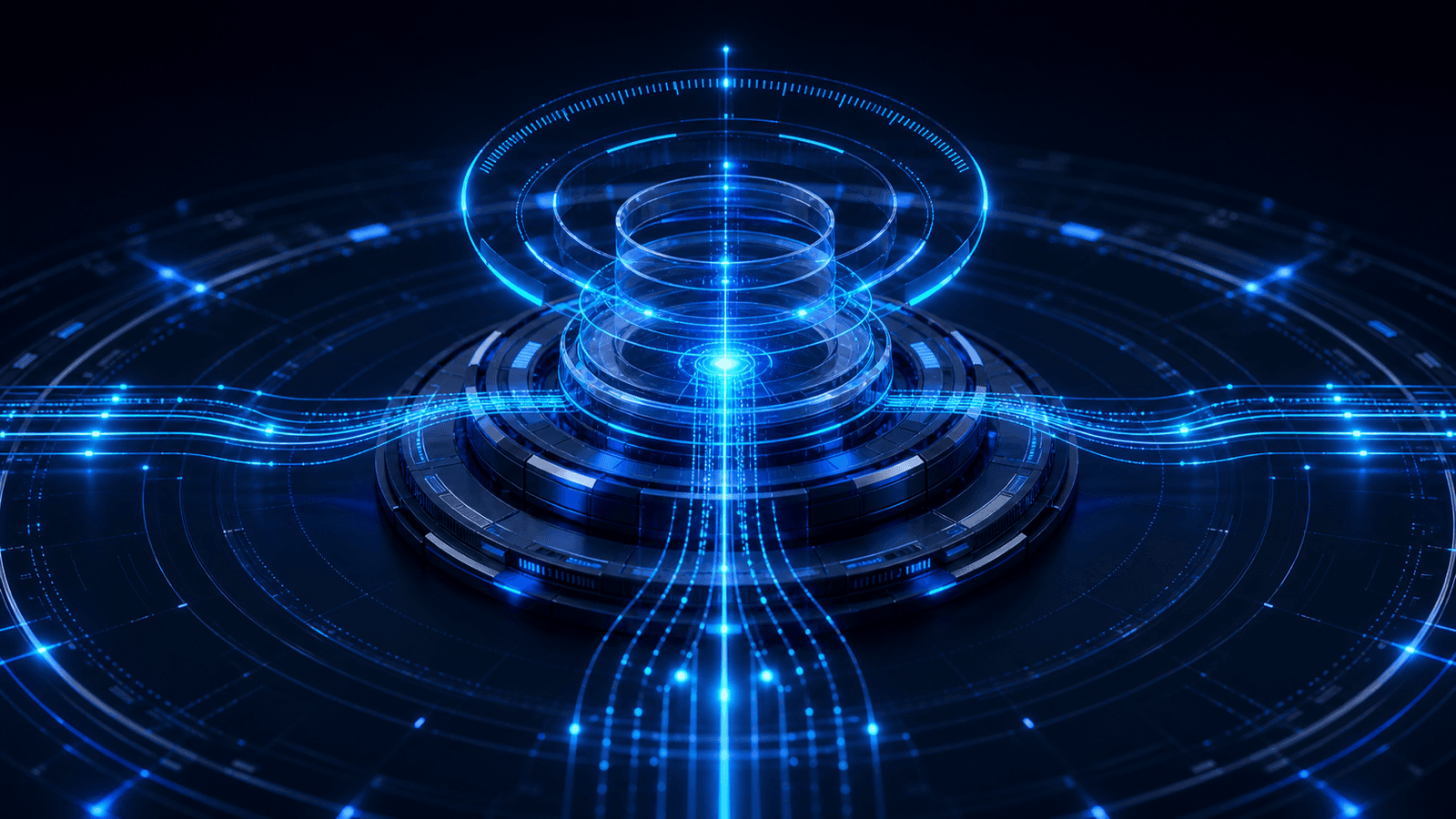 Futuristic blue circular platform reconciling layered portfolio records