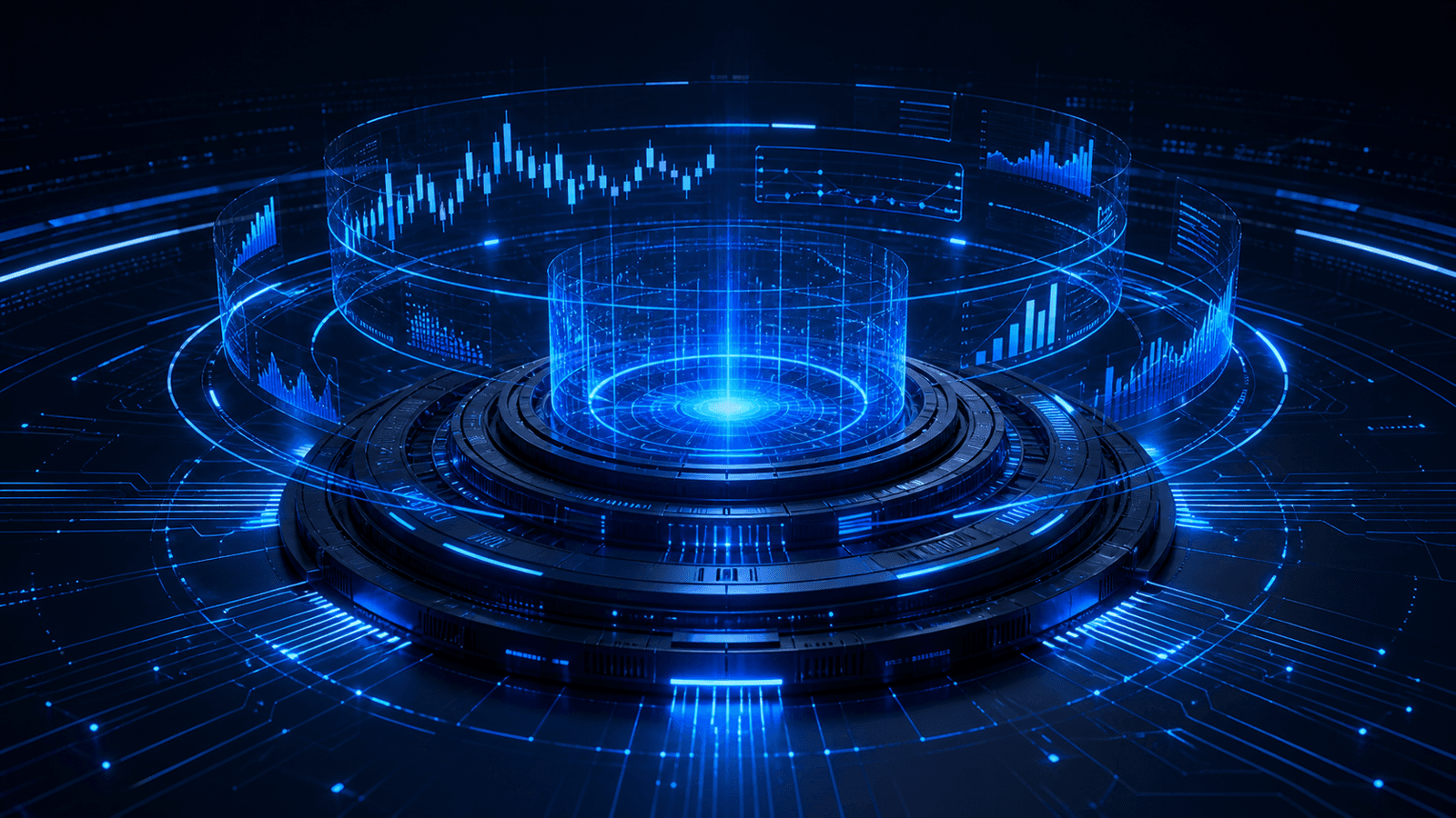 Futuristic blue circular monitoring platform with abstract market data rings and signal panels