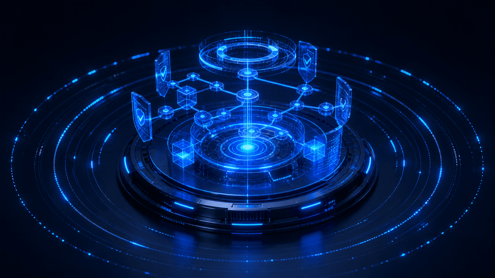 Dark blue circular technology platform with abstract AI evaluation paths, verification planes, and data nodes