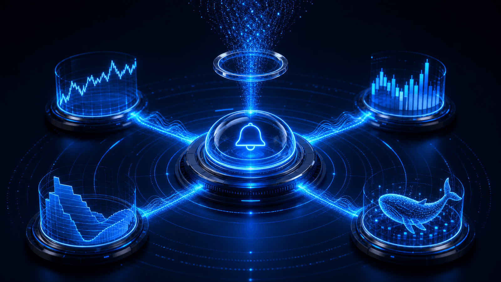 Alert configuration screen showing a price threshold, volume filter, whale signal, and three notification priority levels