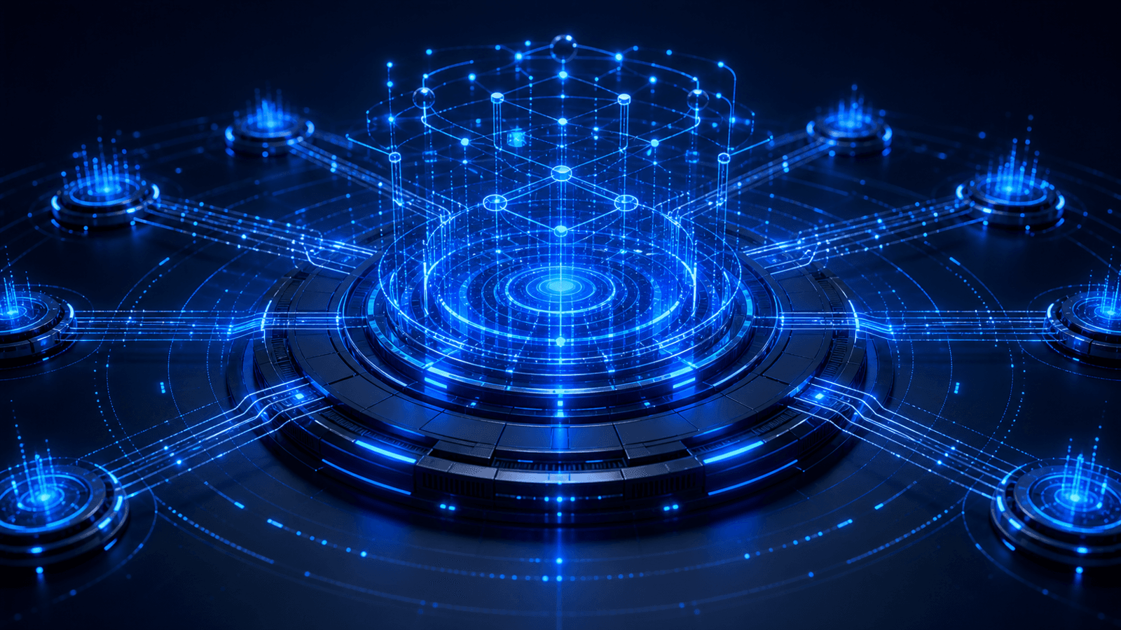 Futuristic blue circular platform connecting abstract prediction market data nodes