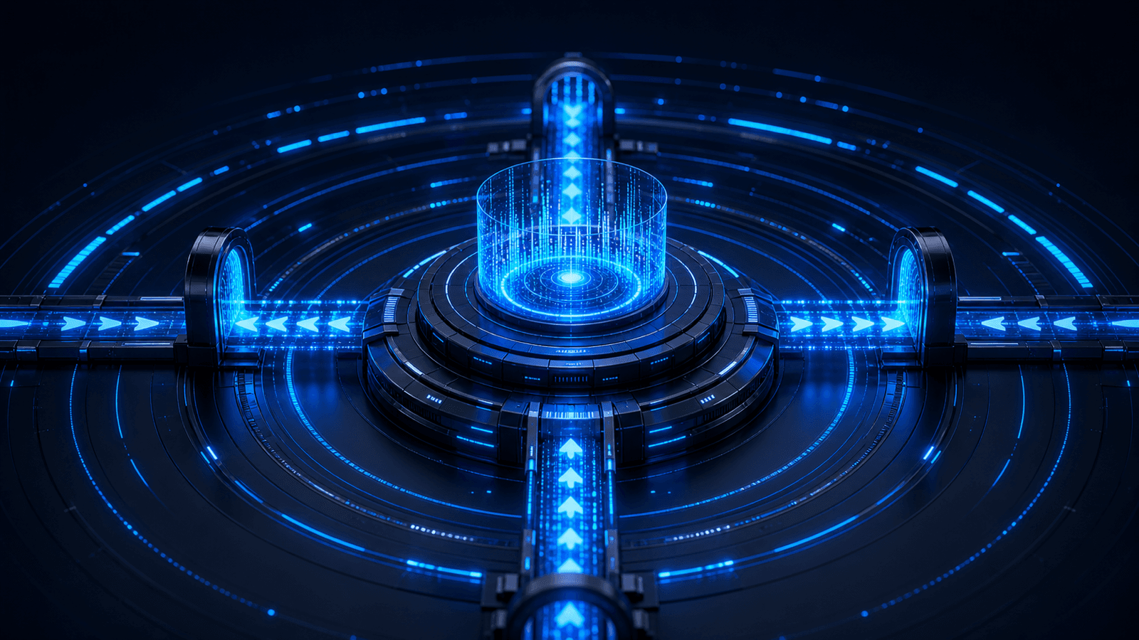 Electric-blue data lanes passing through rate-control gateways around a circular technology platform