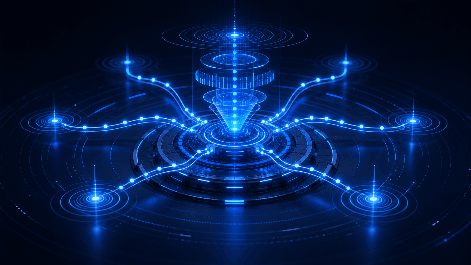 Futuristic blue circular platform routing abstract prediction market notification signals