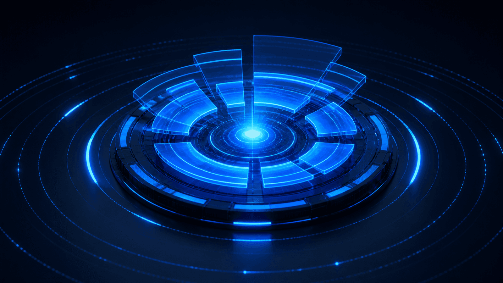 Electric-blue allocation arcs balanced above a circular technical platform