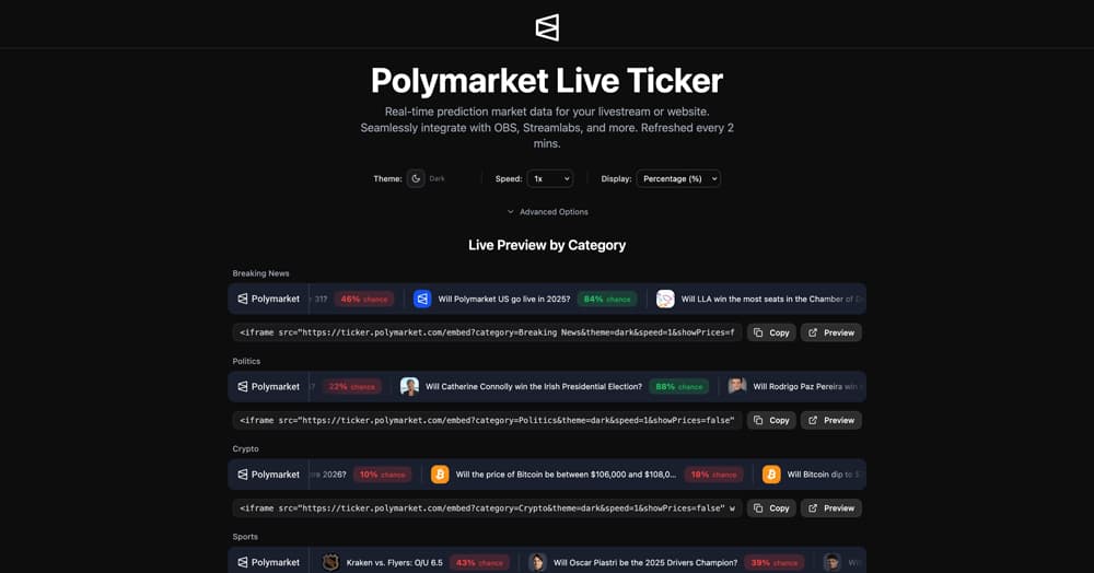 Polymarket Live Ticker product screenshot
