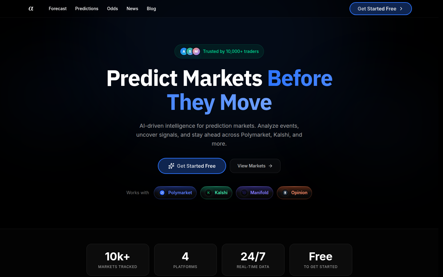 Alphascope homepage β "Predict Markets Before They Move," with support for Polymarket, Kalshi, Manifold, and Opinion